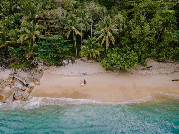 Foto gente en la playa junto a las palmeras