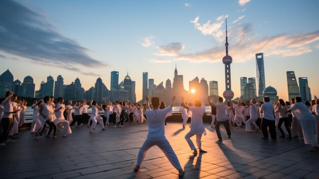 La gente practica taiji en la torre de perlas orientales en la distancia en Shanghai, China