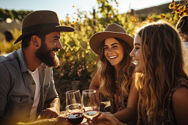 Foto gente probando vino en el viñedo en verano