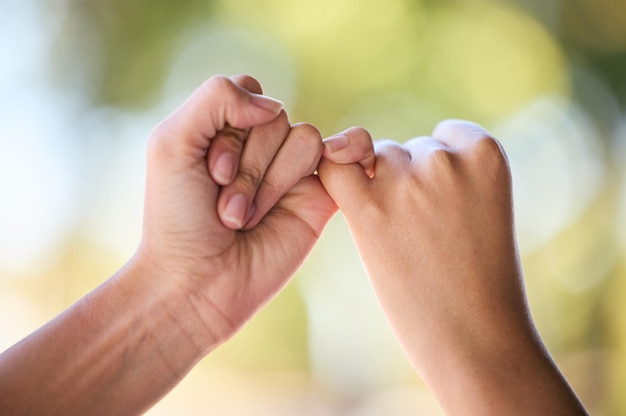 La gente promete y dedos para apoyar la confianza y la conexión de amor en la naturaleza al aire libre Las manos de primer plano y un par de amigos unen el dedo meñique para la esperanza, el respeto y el compromiso, la amabilidad y el acuerdo