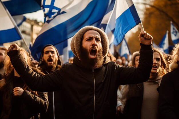 Foto gente de protesta con bandera israelí