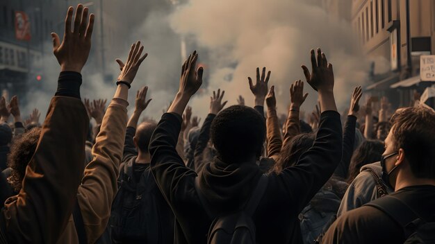 La gente protesta en las calles de la ciudad durante el día Estilo hiperrealista Red neuronal generada en mayo de 2023 No se basa en ninguna escena o patrón de persona real