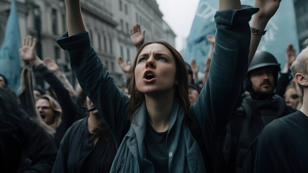 La gente protesta en las calles de la ciudad durante el día Estilo hiperrealista Red neuronal generada en mayo de 2023 No se basa en ninguna escena o patrón de persona real