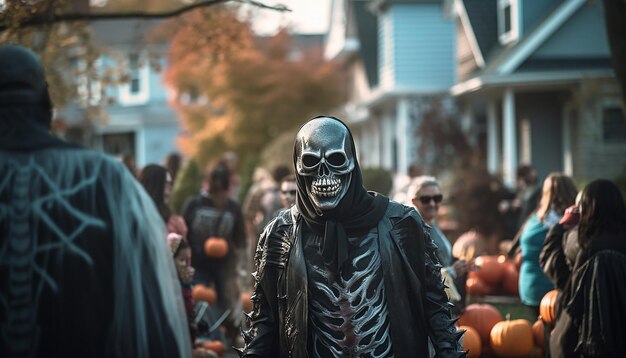 La gente que celebra Halloween es la familia del vecindario.