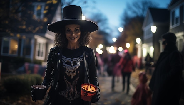 La gente que celebra Halloween es la familia del vecindario.