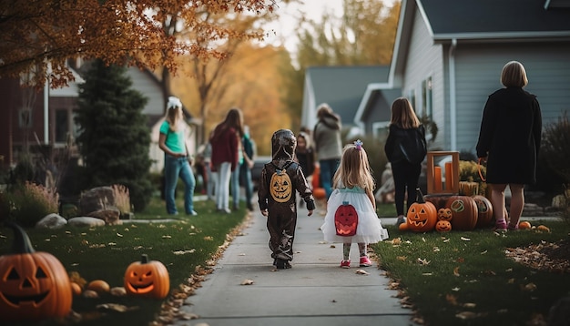 La gente que celebra Halloween es la familia del vecindario.