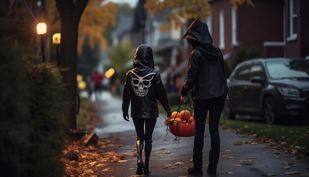 La gente que celebra Halloween es la familia del vecindario.