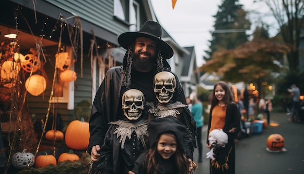 La gente que celebra Halloween es la familia del vecindario.