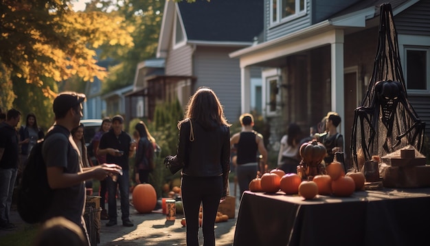 La gente que celebra Halloween es la familia del vecindario.