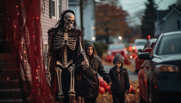 La gente que celebra Halloween es la familia del vecindario.