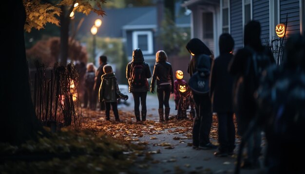 Foto la gente que celebra halloween es la familia del vecindario.