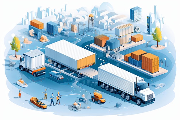 Gente que trabaja en el servicio de entrega logística global con camiones de carga y equipo de almacén industrial concepto ilustración isométrica 3D