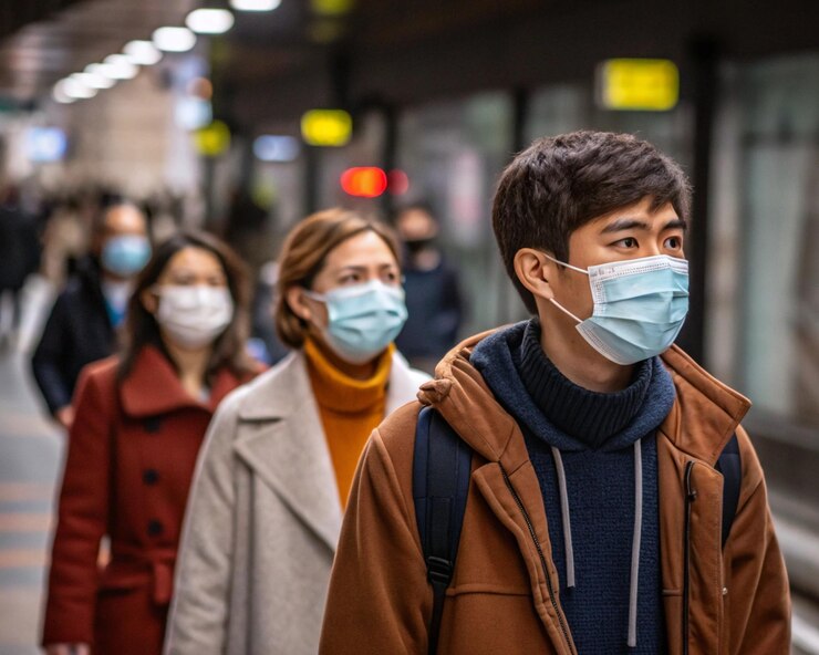 Gente que viaja con máscara facial en una pandemia de covid en multitud pública
