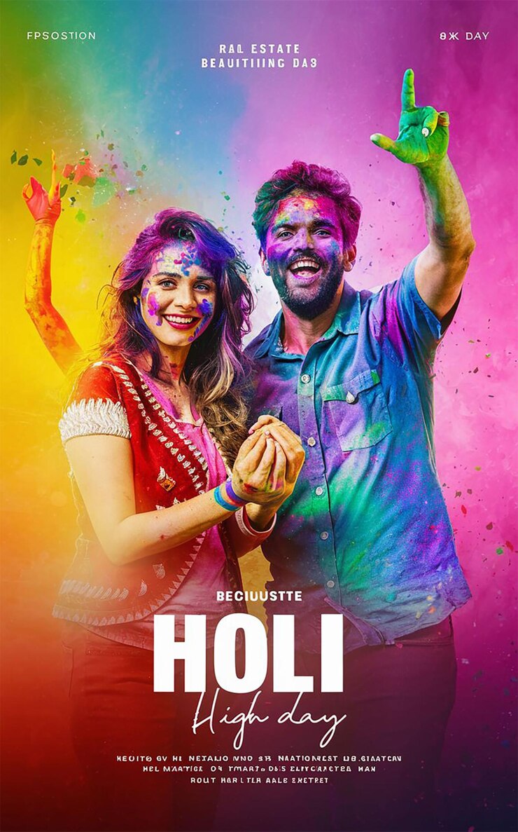 Foto la gente rápida haciendo la celebración de la propiedad inmobiliaria holi y el fondo del cartel hermoso