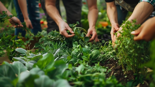 La gente recoge verduras en un jardín exuberante