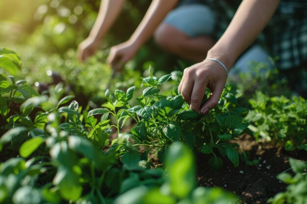 Gente recogiendo hierbas o verduras de un jardín IA generativa