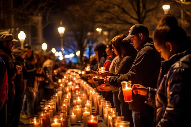 La gente se reúne alrededor de velas en una vigilia por los muertos.