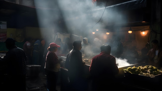 La gente se reúne en un puesto de comida en la noche.