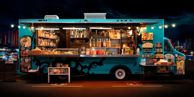 Foto gente reunida alrededor de camiones de comida en un animado festival de comida callejera