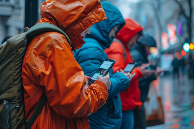 Gente con ropa de invierno usando teléfonos inteligentes en una calle de la ciudad