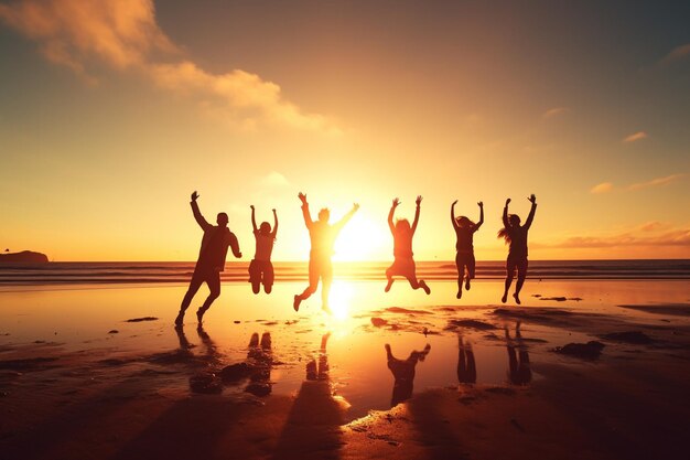 Foto la gente saltando y celebrando en la playa