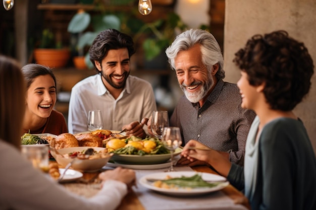 Gente sentada alrededor de la mesa para una comida y conversación Familia multigeneracional feliz comunicándose y sonriendo mientras cenan juntos Generado por IA