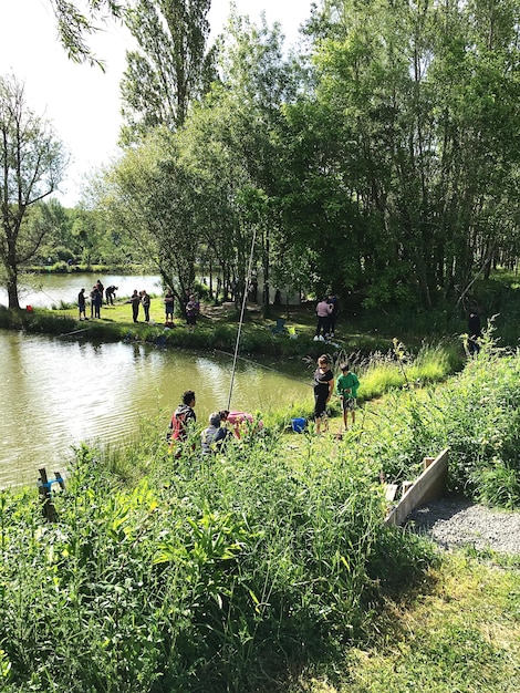 Gente sentada junto al río contra los árboles