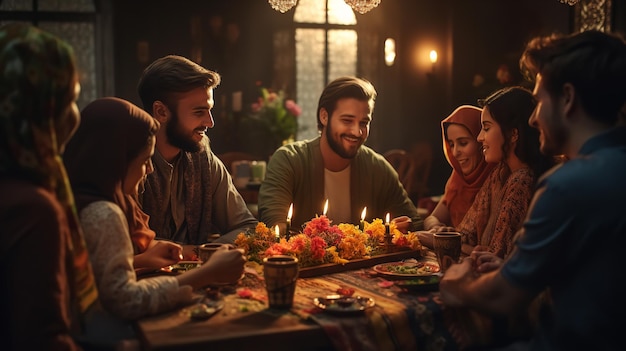 Foto la gente está sentada en mesas cargadas de comida para el ramadán generative ai