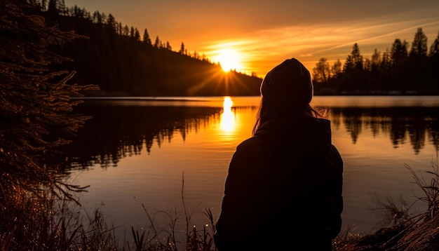 Gente serena caminando por el pico de la montaña al atardecer reflexionando sobre la belleza generada por IA