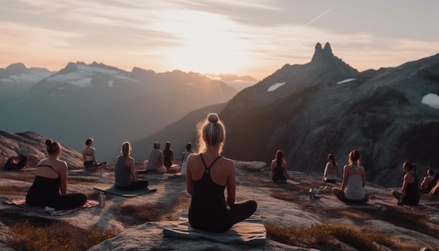 Gente serena meditando en posición de loto al aire libre generada por IA