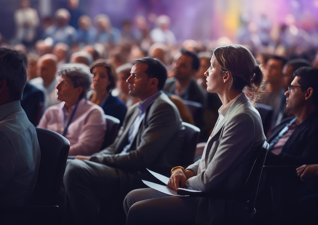 La gente se sienta en la sala de conferencias.