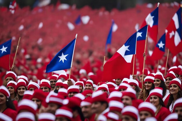 La gente con sombreros rojos y blancos sostiene banderas y una tiene una estrella blanca en la parte superior.