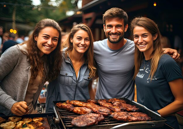 Foto gente sonriente haciendo una barbacoa en su patio trasero