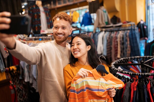 Foto gente sonriente de tiro medio tomando selfie