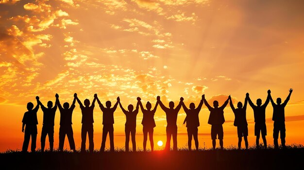 La gente se sostiene las manos en el aire al atardecer el cielo es naranja y el sol se está poniendo la gente está en un campo y está mirando el sol