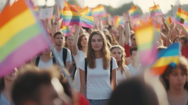 La gente sostiene pancartas y pancartas con el arco iris lgbt y la bandera transgénero