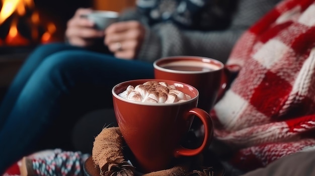 Foto la gente sostiene en sus manos dos tazas de chocolate caliente con malvaviscos cerca de la chimenea