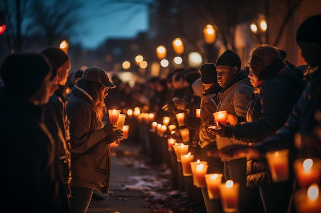 La gente sostiene velas en una calle por la noche