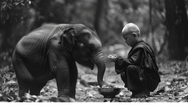 La gente tailandesa y los elefantes juntos dan limosna a un monje Elefante y monje en el bosque estilo vintage