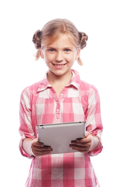 Gente de tecnología y concepto de educación niña con tableta
