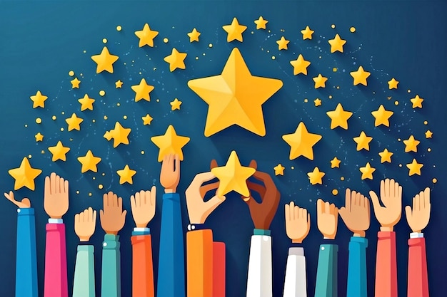 La gente tiene estrellas por encima de sus cabezas Comentarios Consumidor o cliente Revisión Evaluación Satisfacción