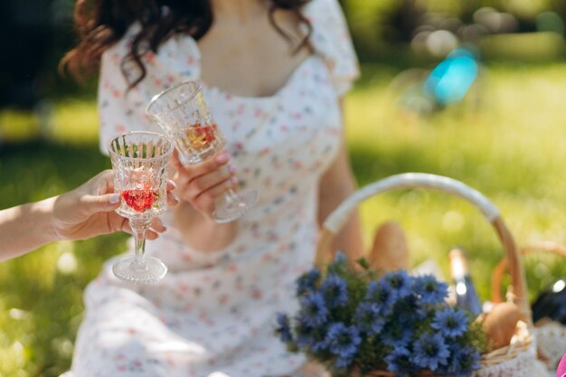 Gente tintineando copas con vino en el picnic de verano