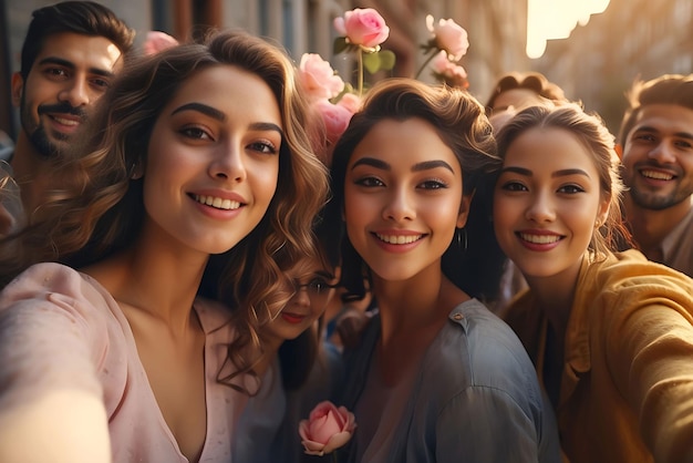 Gente tomando una selfie juntos en el día de la mujer