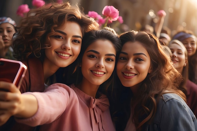 Gente tomando una selfie juntos en el día de la mujer