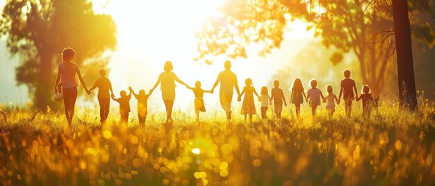 Gente tomándose de la mano caminando silueta en la naturaleza puesta de sol en el parque familia grande con niños gran luz del sol concepto familiar gente en el parque