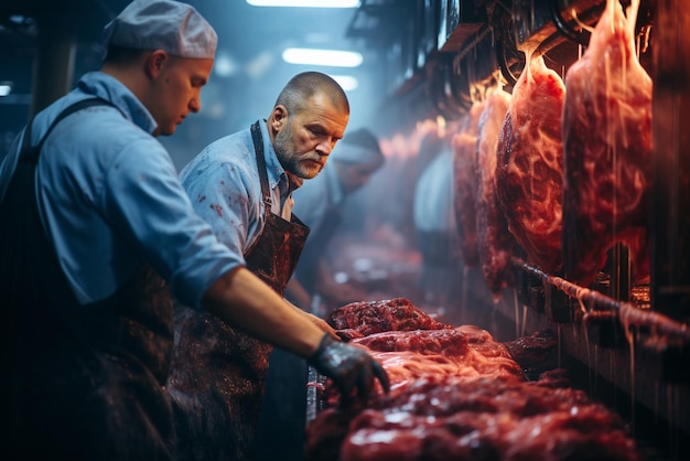 La gente trabaja en una fábrica de corte de carne Cantina de carne