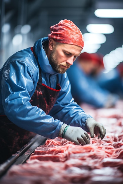 La gente trabaja en una fábrica de corte de carne Cantina de carne