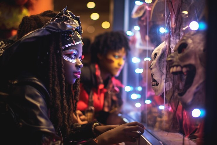 Gente con trajes espeluznantes en la ilustración de Halloween Comprando decoración de Halloween