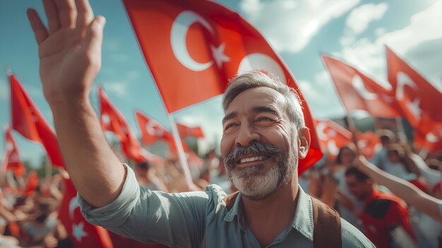 Gente turca celebrando y sosteniendo banderas de Turquía