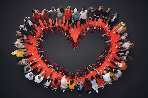 Gente unida alrededor del corazón rojo